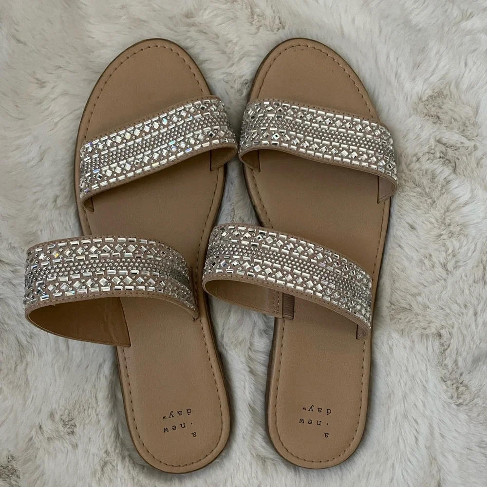 a new day Tan Rhinestone Double-Strap Slide Sandals
